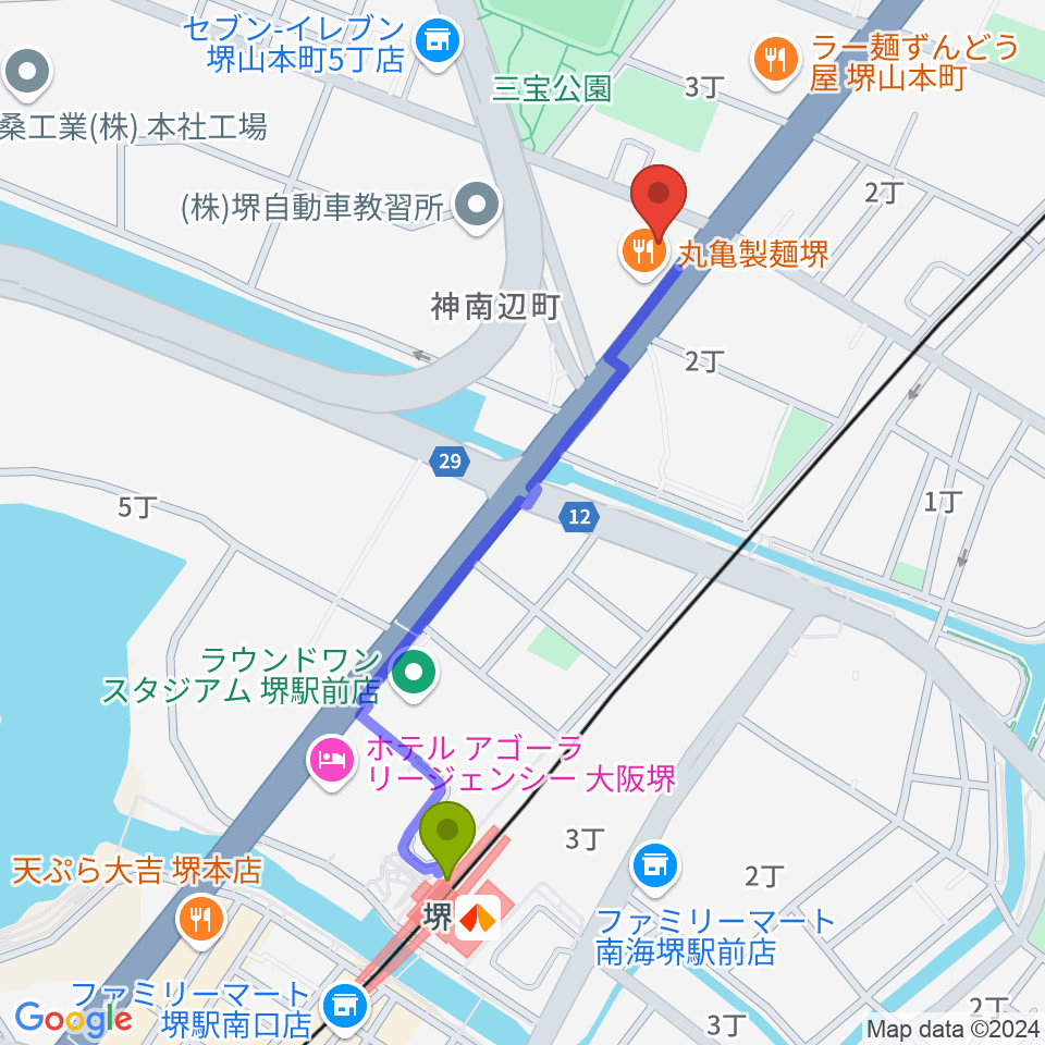 タケモトピアノの最寄駅堺駅からの徒歩ルート（約10分）地図