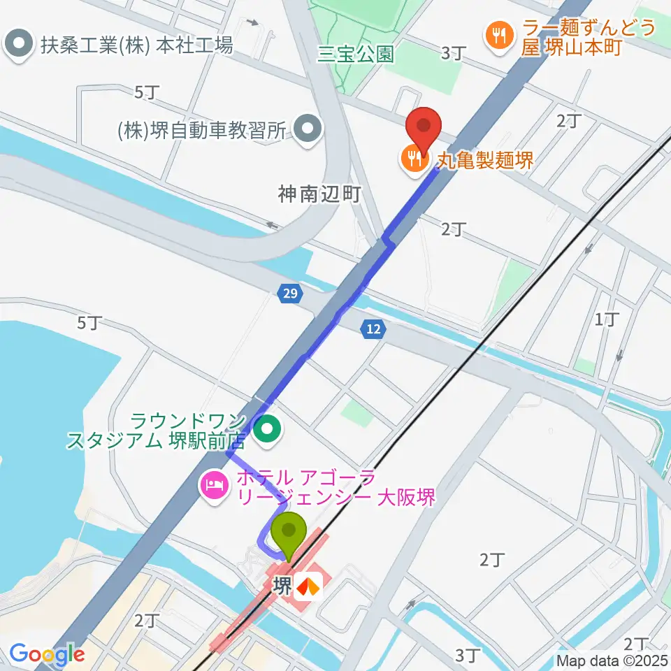 タケモトピアノの最寄駅堺駅からの徒歩ルート（約10分）地図