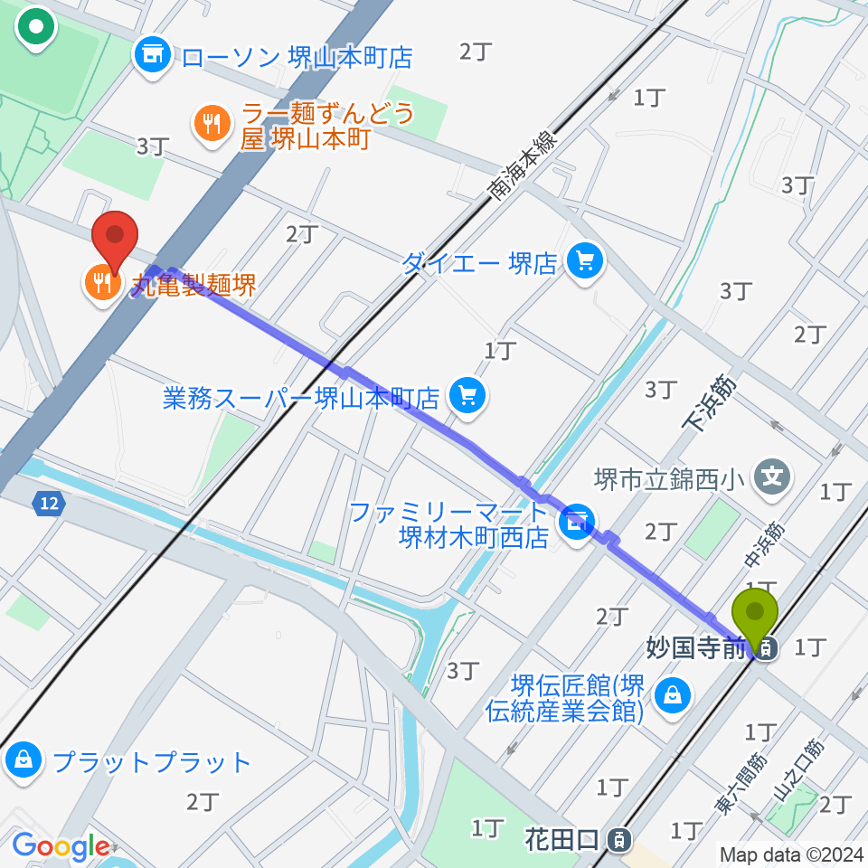 妙国寺前駅からタケモトピアノへのルートマップ地図