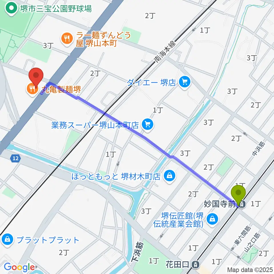 妙国寺前駅からタケモトピアノへのルートマップ地図