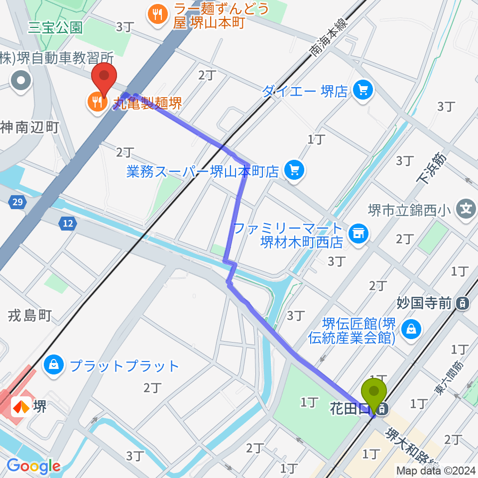 花田口駅からタケモトピアノへのルートマップ地図