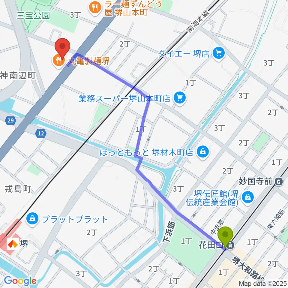 花田口駅からタケモトピアノへのルートマップ地図