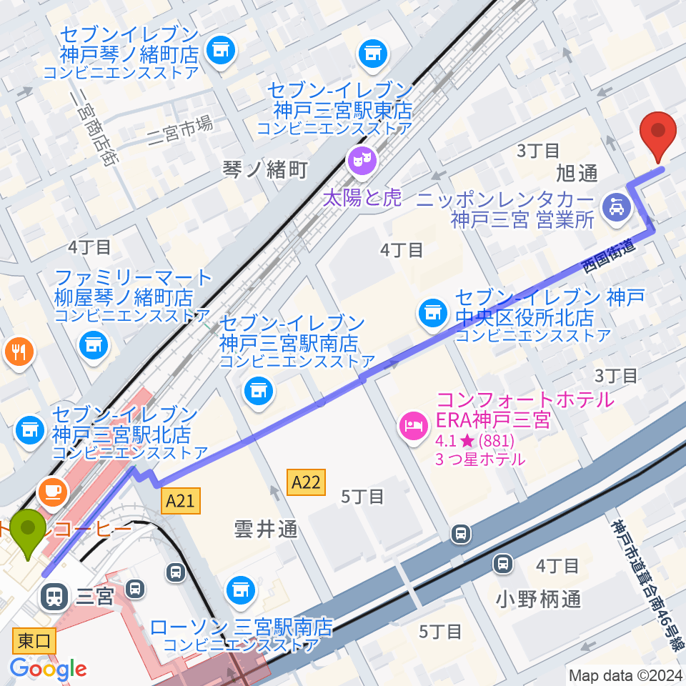 ジャンベ・民族楽器メットリーの最寄駅三ノ宮駅からの徒歩ルート（約9分）地図