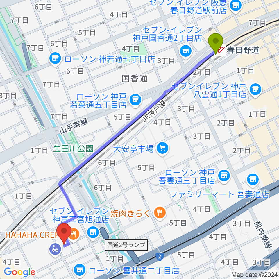 春日野道駅からジャンベ・民族楽器メットリーへのルートマップ地図