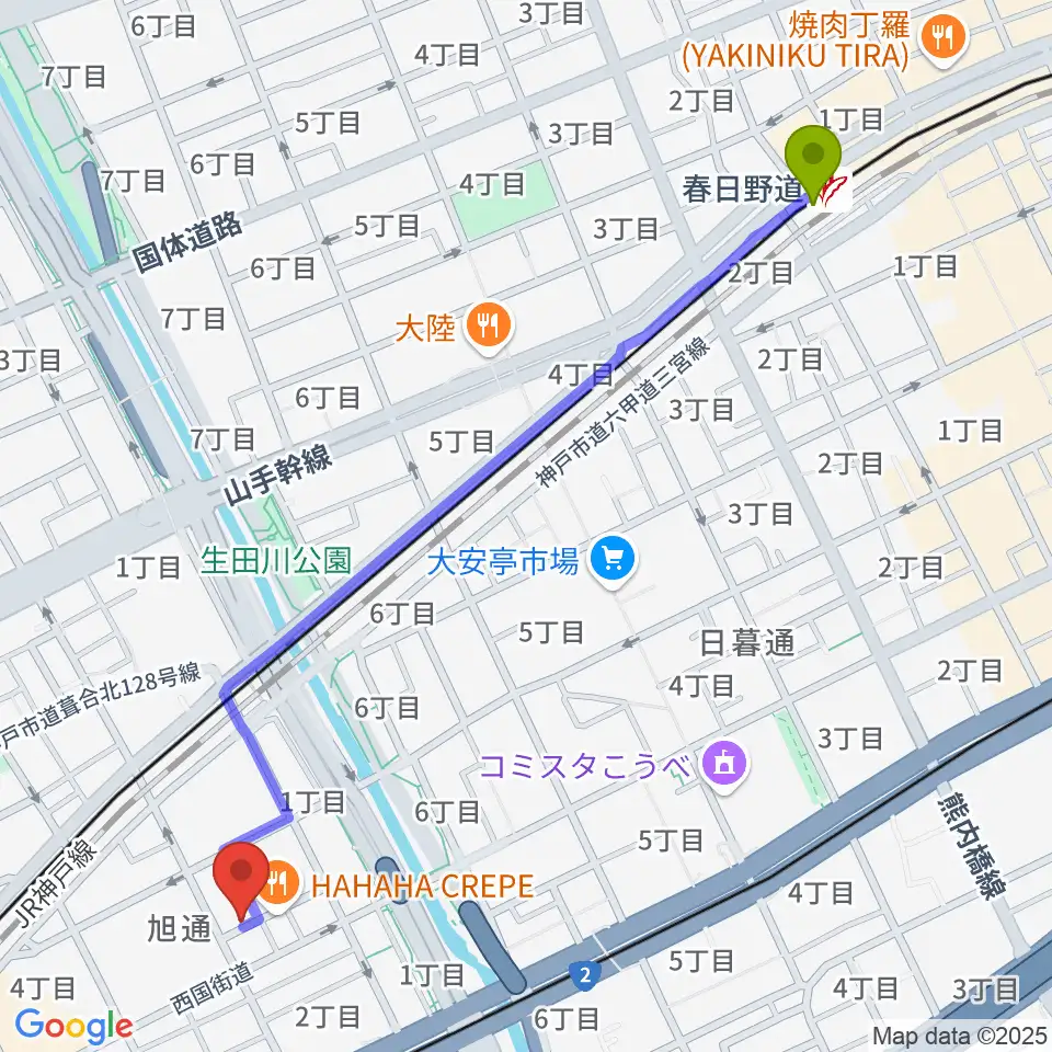 春日野道駅からジャンベ・民族楽器メットリーへのルートマップ地図
