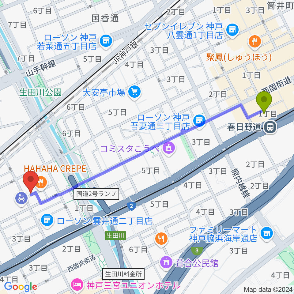 春日野道駅からジャンベ・民族楽器メットリーへのルートマップ地図