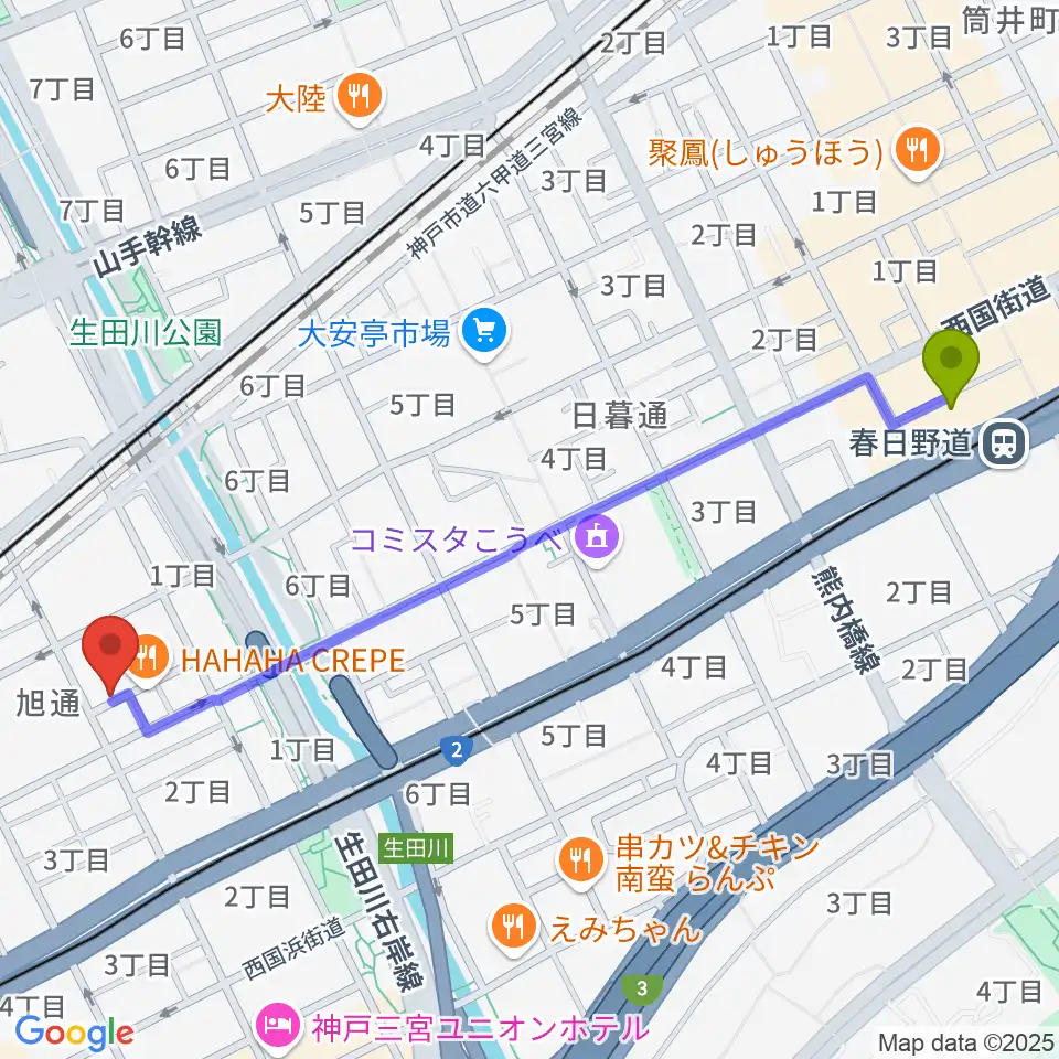 春日野道駅からジャンベ・民族楽器メットリーへのルートマップ地図
