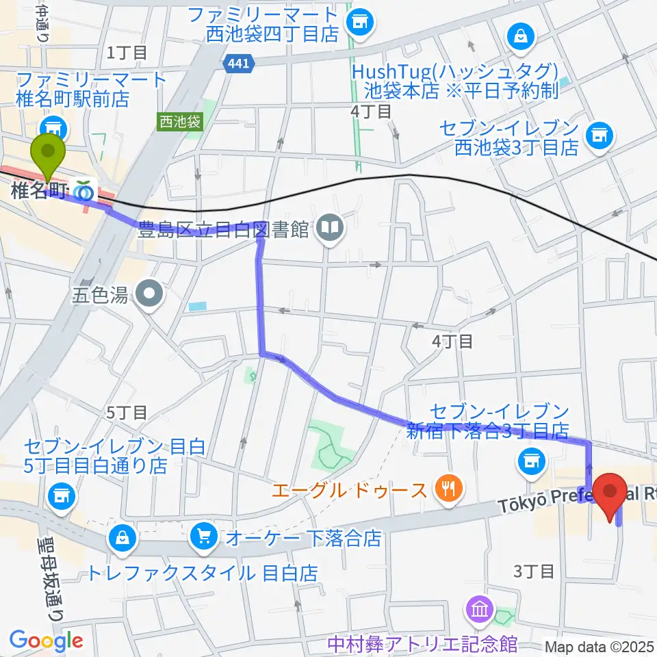 椎名町駅からフルート専門店 テオバルトへのルートマップ地図