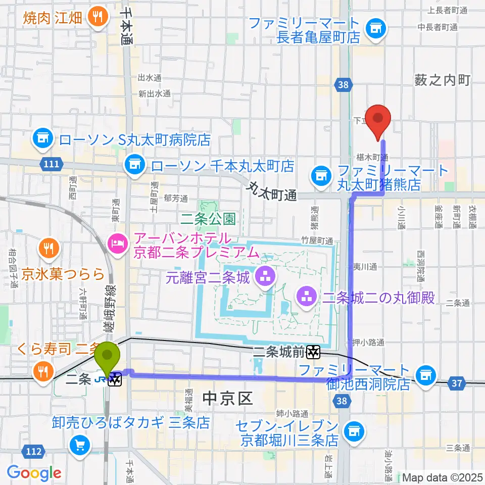 二条駅から鳥羽屋へのルートマップ地図