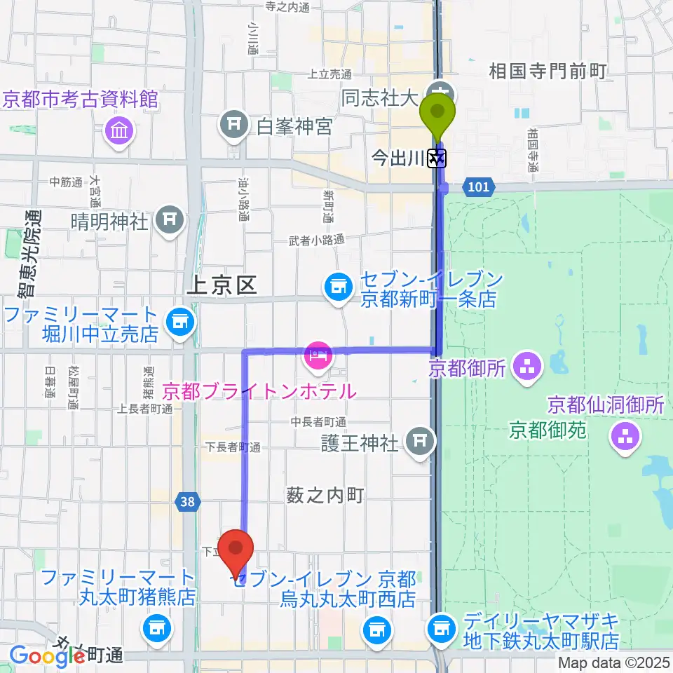 今出川駅から鳥羽屋へのルートマップ地図