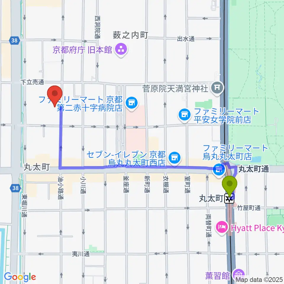 鳥羽屋の最寄駅丸太町駅からの徒歩ルート（約11分）地図