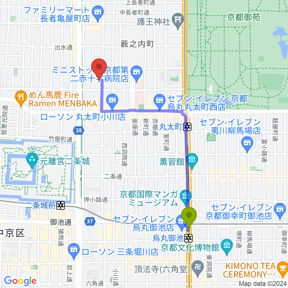 烏丸御池駅から鳥羽屋へのルートマップ地図