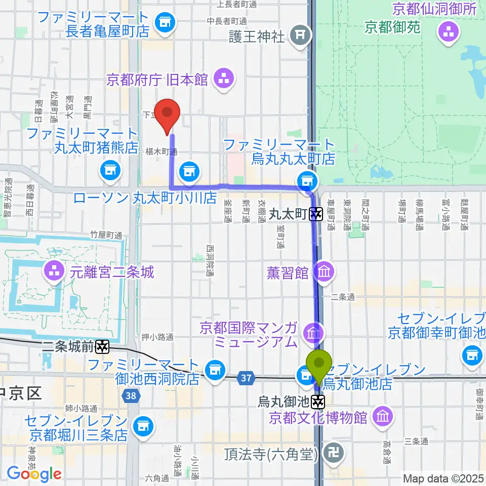 烏丸御池駅から鳥羽屋へのルートマップ地図