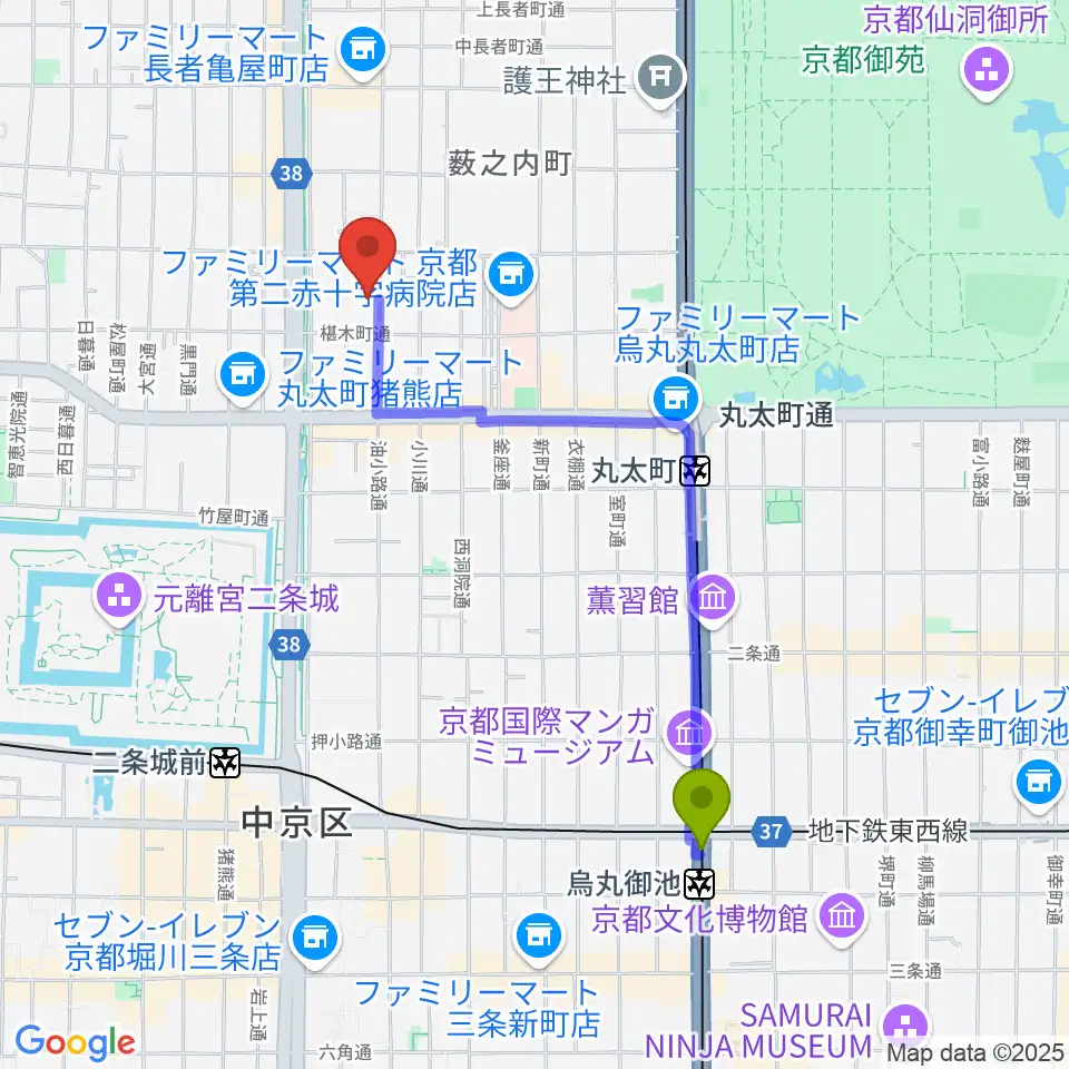 烏丸御池駅から鳥羽屋へのルートマップ地図