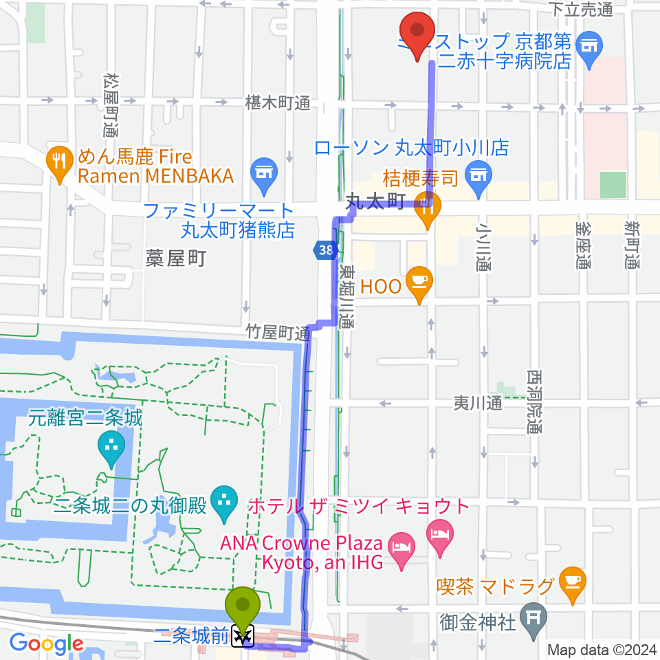 二条城前駅から鳥羽屋へのルートマップ地図