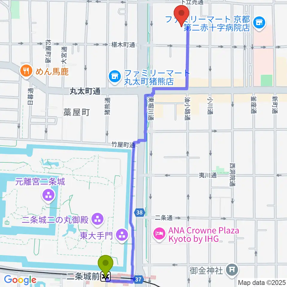 二条城前駅から鳥羽屋へのルートマップ地図
