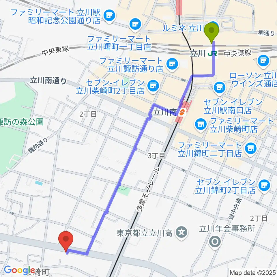 立川駅からTokyo Stringsへのルートマップ地図