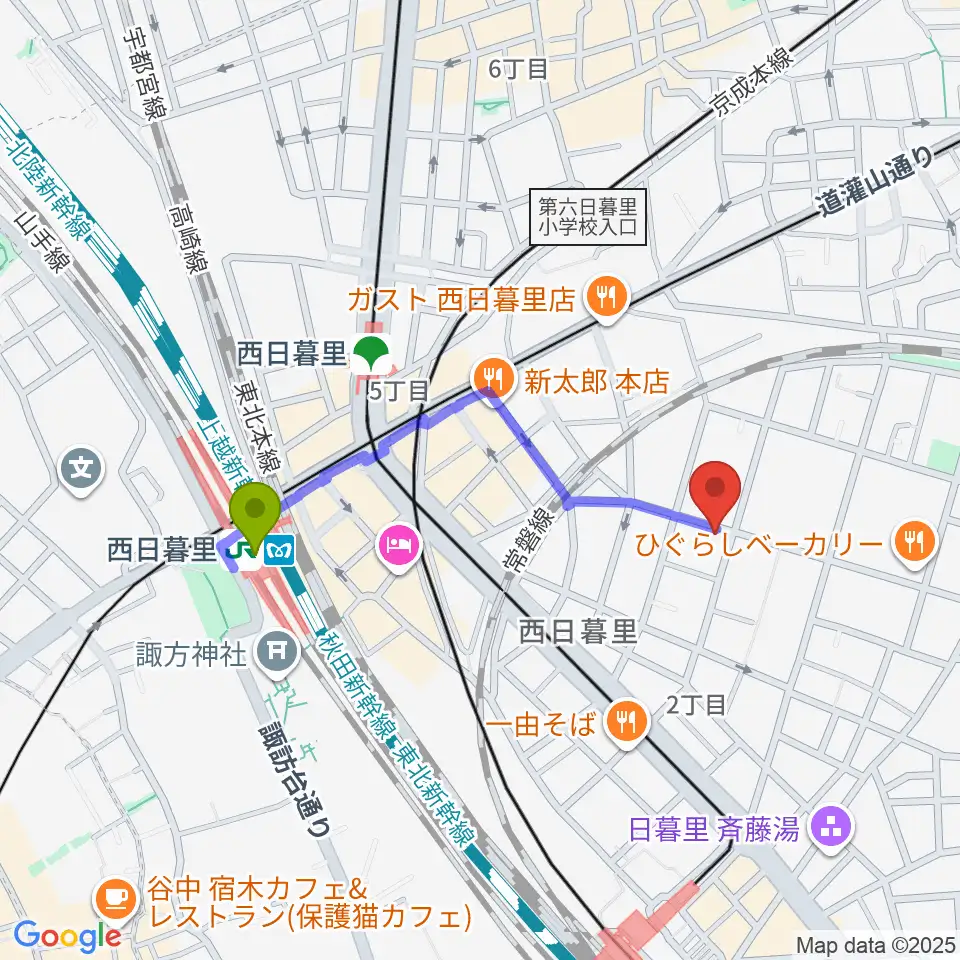 トンボ楽器製作所の最寄駅西日暮里駅からの徒歩ルート（約7分）地図