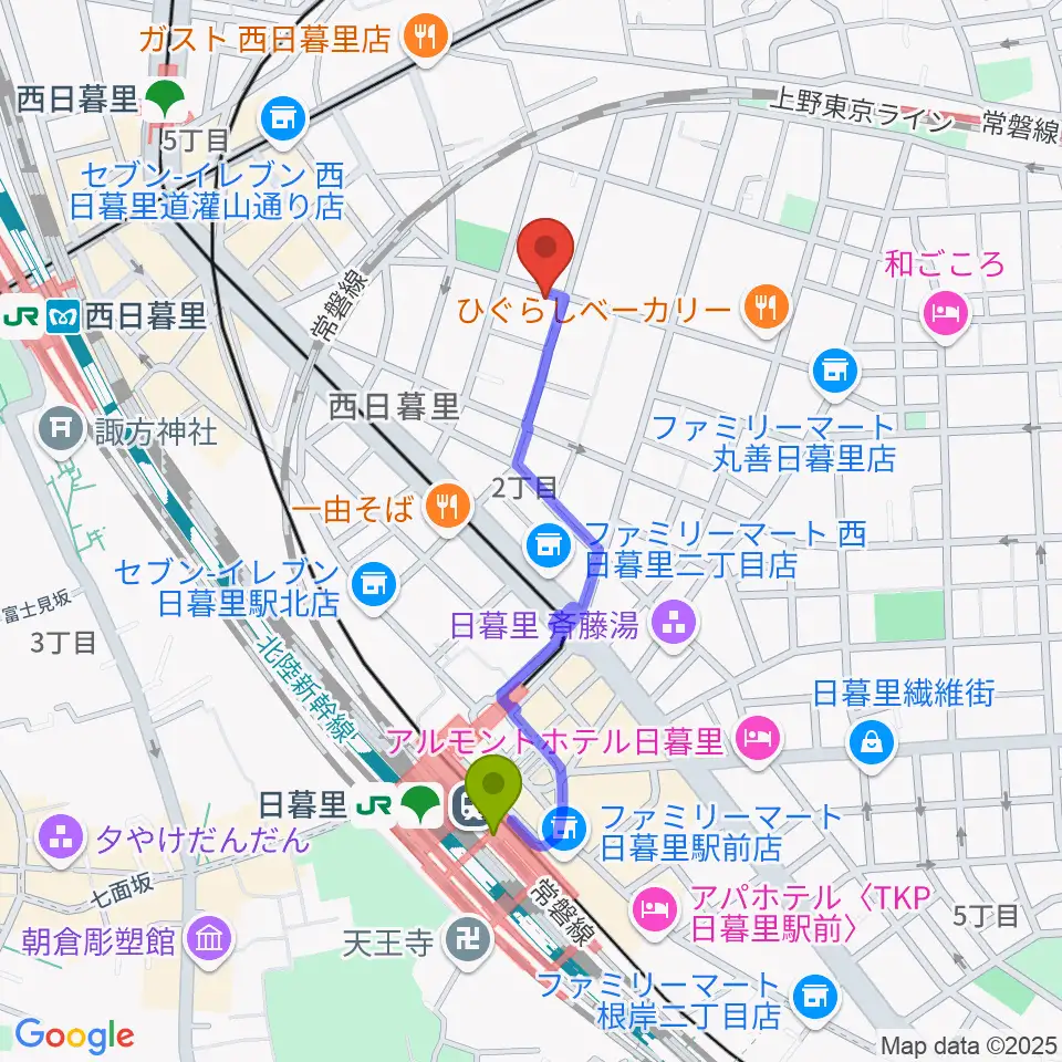 日暮里駅からトンボ楽器製作所へのルートマップ地図