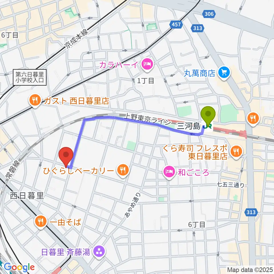 三河島駅からトンボ楽器製作所へのルートマップ地図
