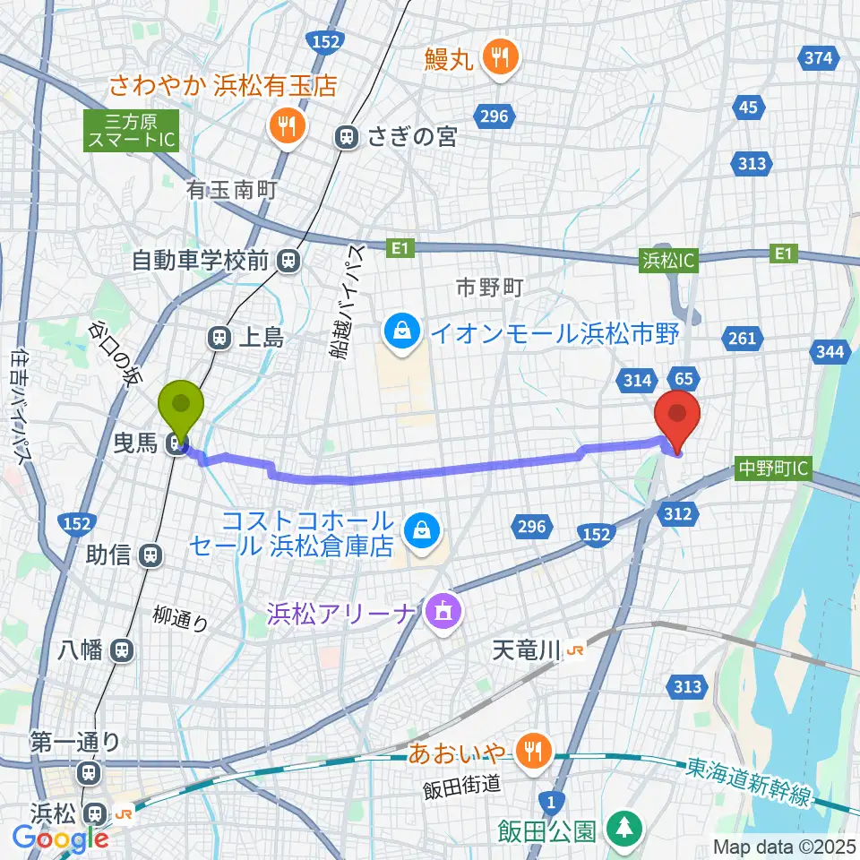 曳馬駅から冨田ピアノへのルートマップ地図
