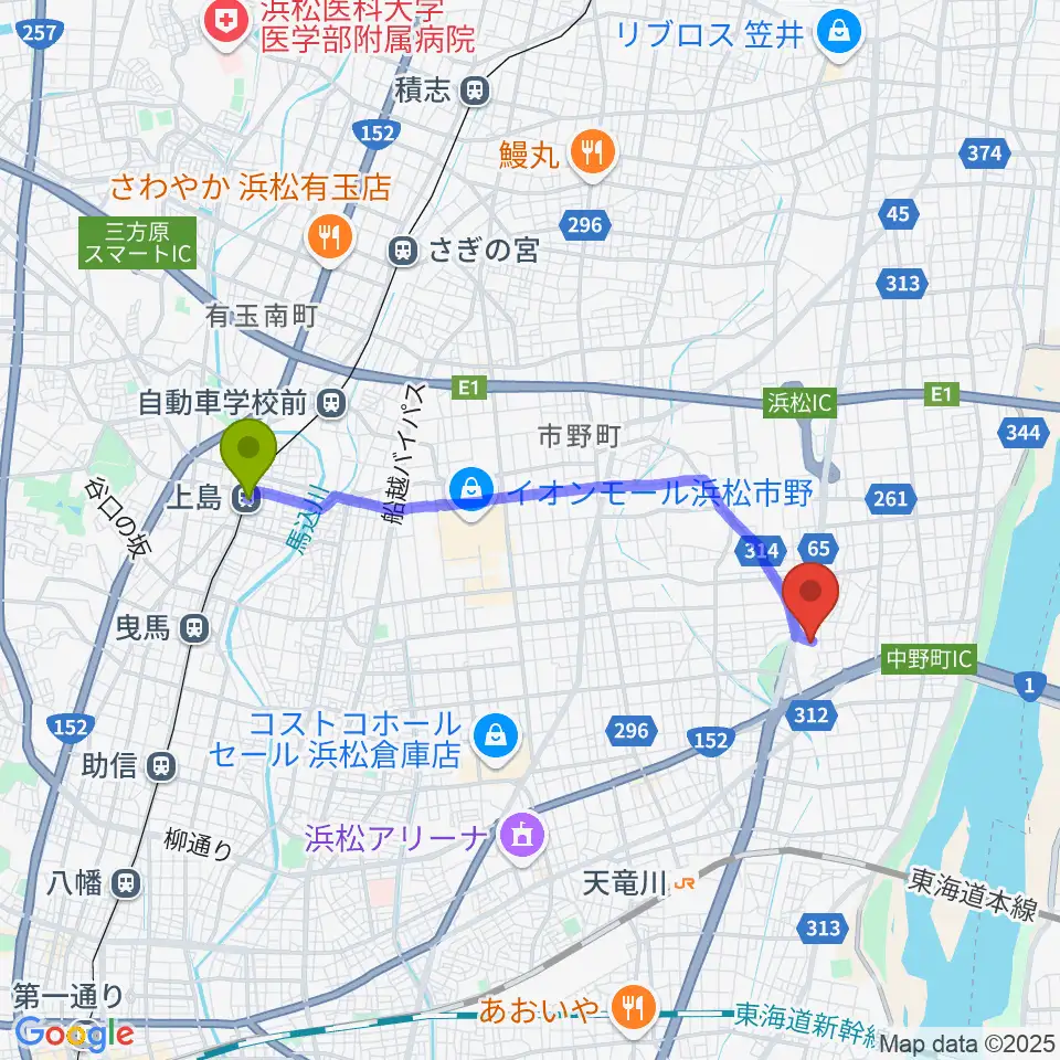 上島駅から冨田ピアノへのルートマップ地図