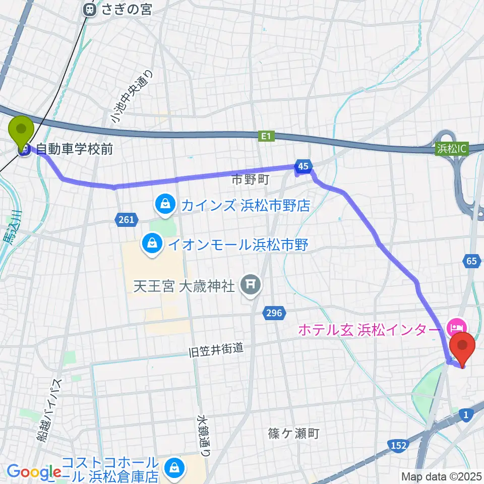 自動車学校前駅から冨田ピアノへのルートマップ地図