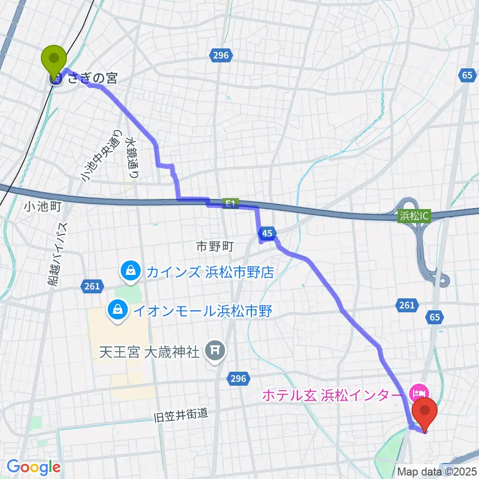 さぎの宮駅から冨田ピアノへのルートマップ地図