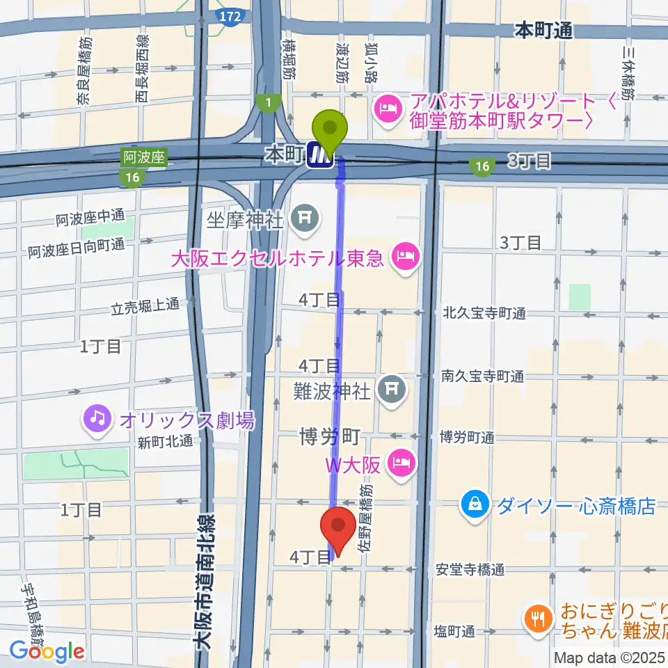 本町駅からトニック楽器アトリエボアへのルートマップ地図