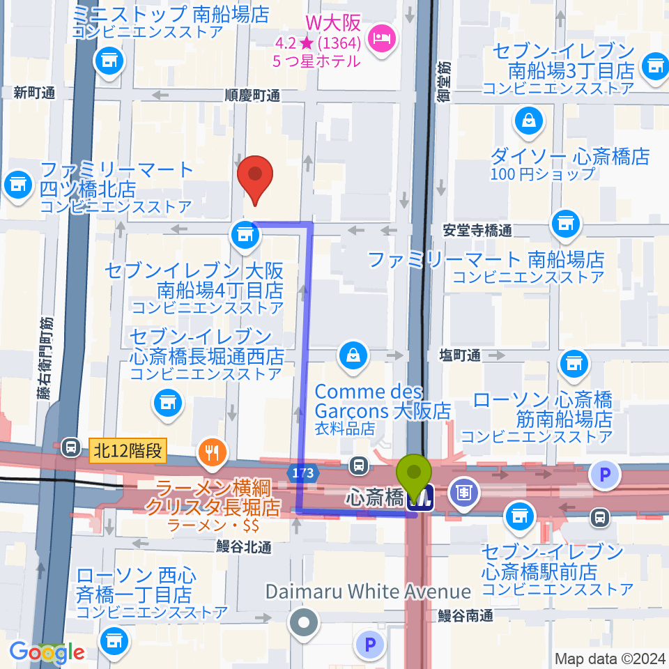 トニック楽器アトリエボアの最寄駅心斎橋駅からの徒歩ルート（約4分）地図