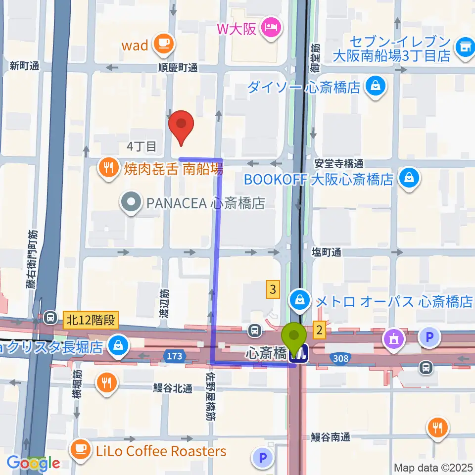 トニック楽器アトリエボアの最寄駅心斎橋駅からの徒歩ルート（約4分）地図