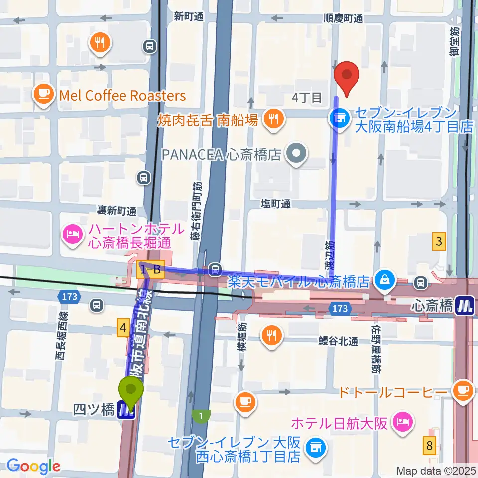 四ツ橋駅からトニック楽器アトリエボアへのルートマップ地図