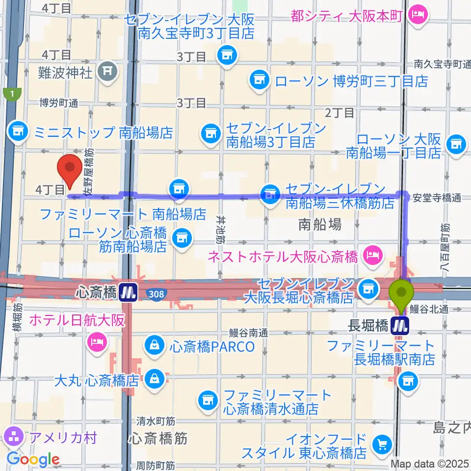 長堀橋駅からトニック楽器アトリエボアへのルートマップ地図
