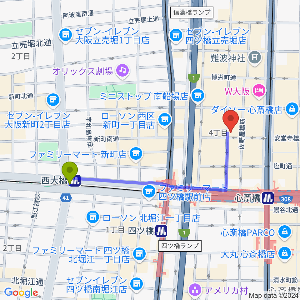 西大橋駅からトニック楽器アトリエボアへのルートマップ地図