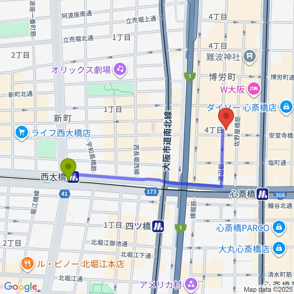 西大橋駅からトニック楽器アトリエボアへのルートマップ地図