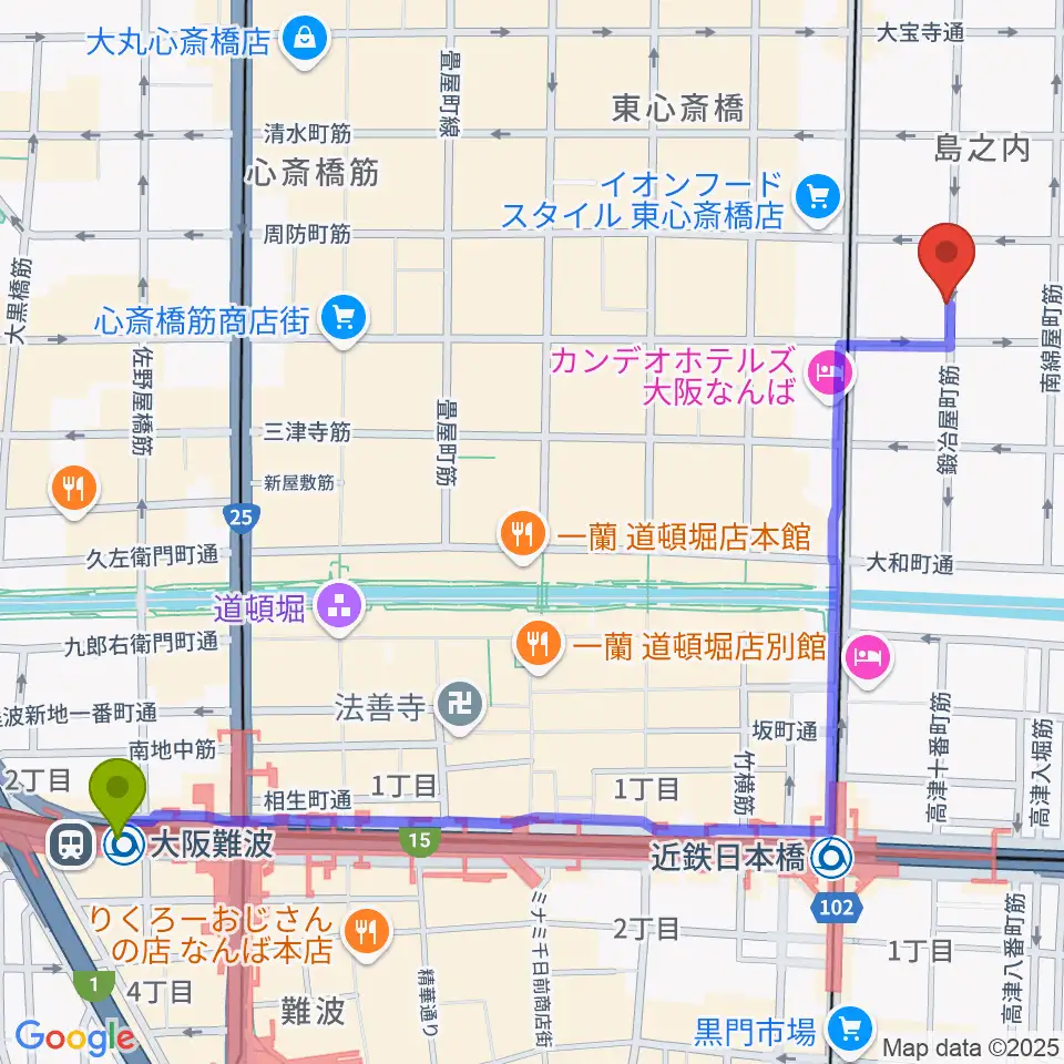 大阪難波駅からツタヤ楽器へのルートマップ地図