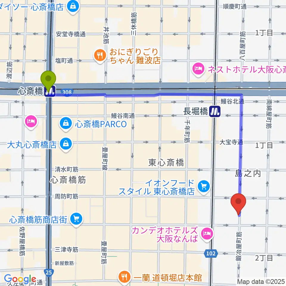 心斎橋駅からツタヤ楽器へのルートマップ地図