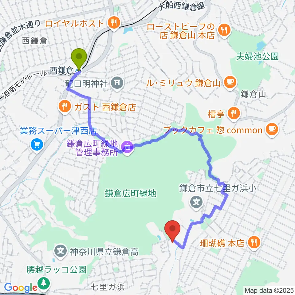 西鎌倉駅からウクレレスタジオ七里ケ浜へのルートマップ地図