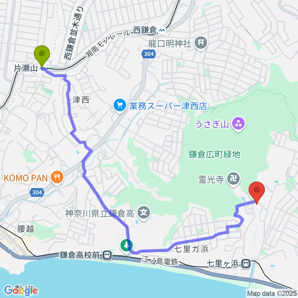 片瀬山駅からウクレレスタジオ七里ケ浜へのルートマップ地図