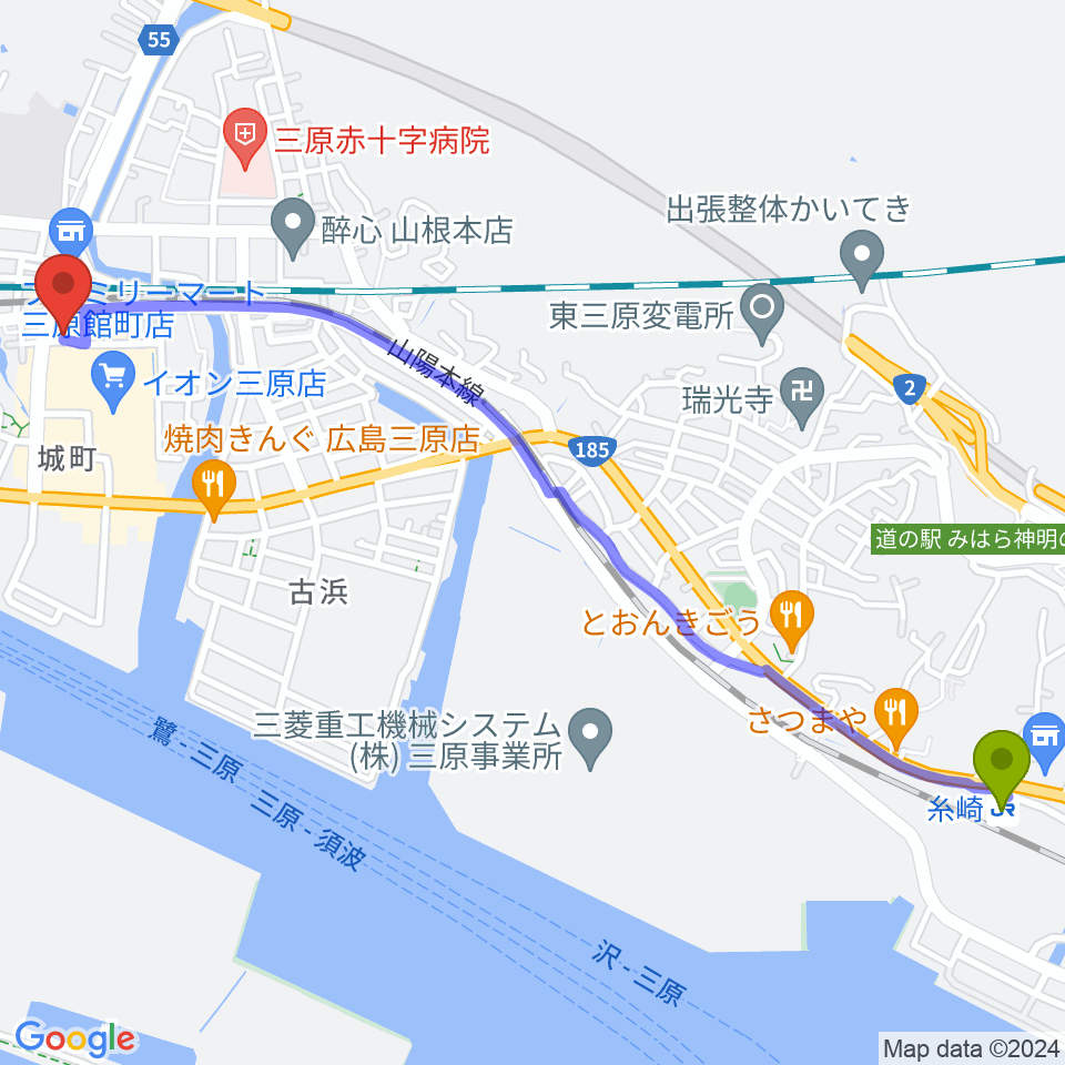 糸崎駅からアンリミテッド三原店へのルートマップ地図