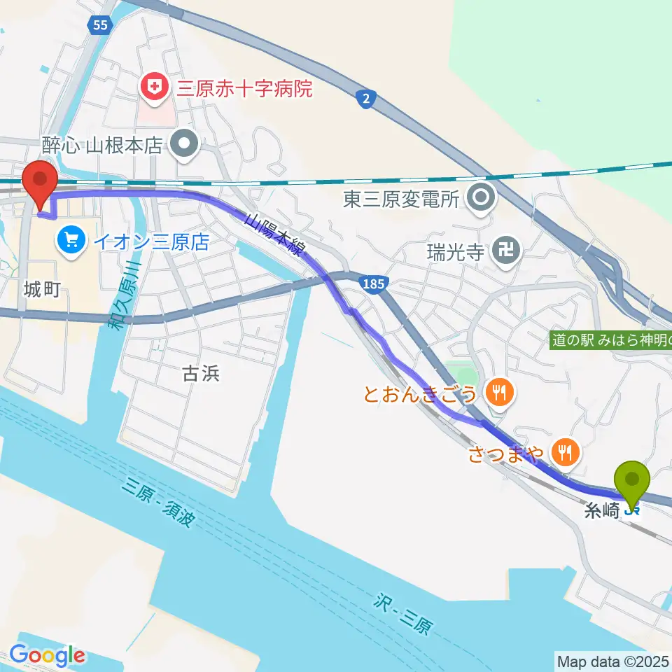 糸崎駅からアンリミテッド三原店へのルートマップ地図