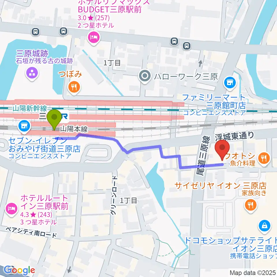 アンリミテッド三原店の最寄駅三原駅からの徒歩ルート（約5分）地図