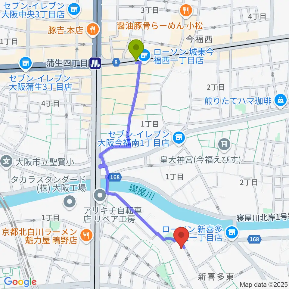 蒲生四丁目駅から見附精機工業 vcyoyoの工房へのルートマップ地図