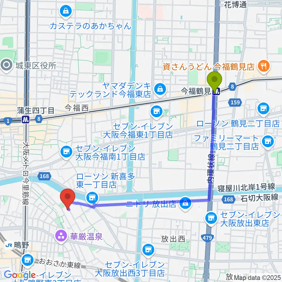 今福鶴見駅から見附精機工業 vcyoyoの工房へのルートマップ地図