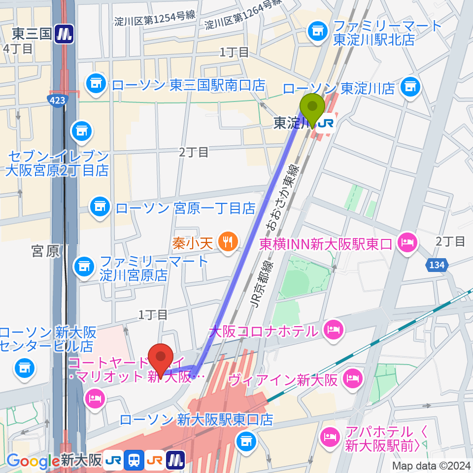 東淀川駅から松尾弦楽器 大阪本店へのルートマップ地図