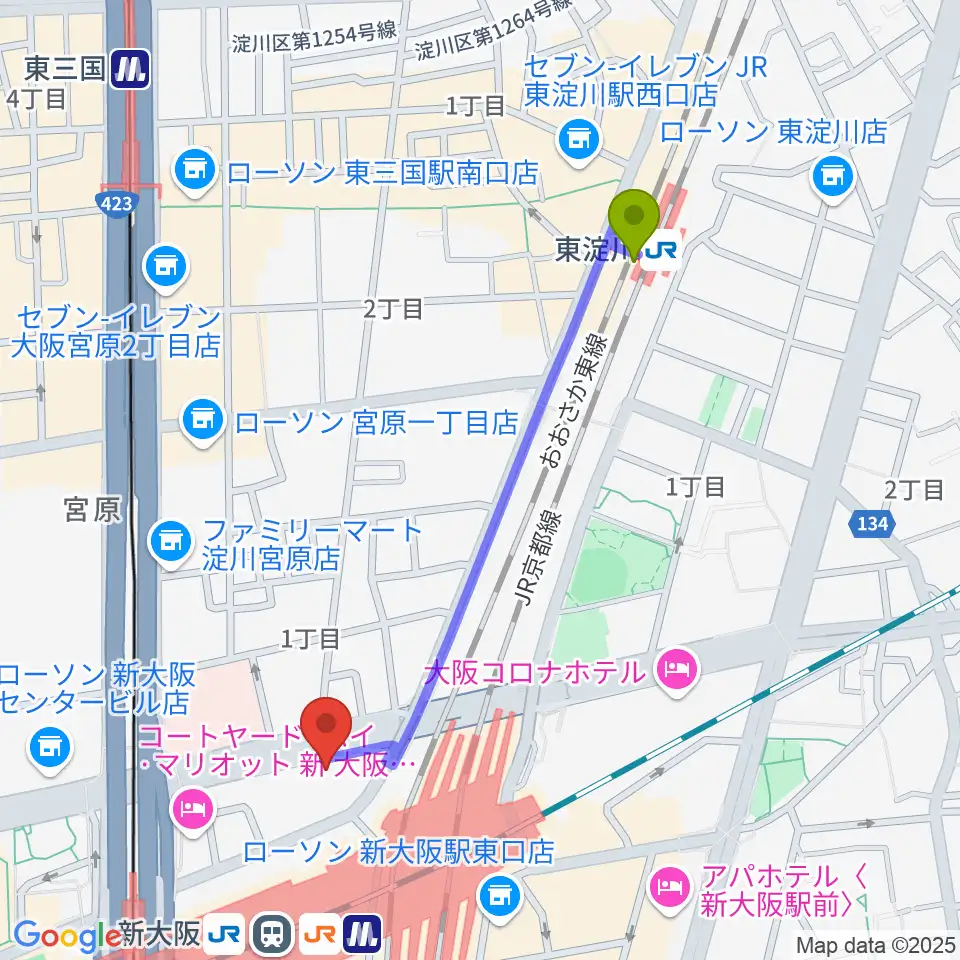 東淀川駅から松尾弦楽器 大阪本店へのルートマップ地図