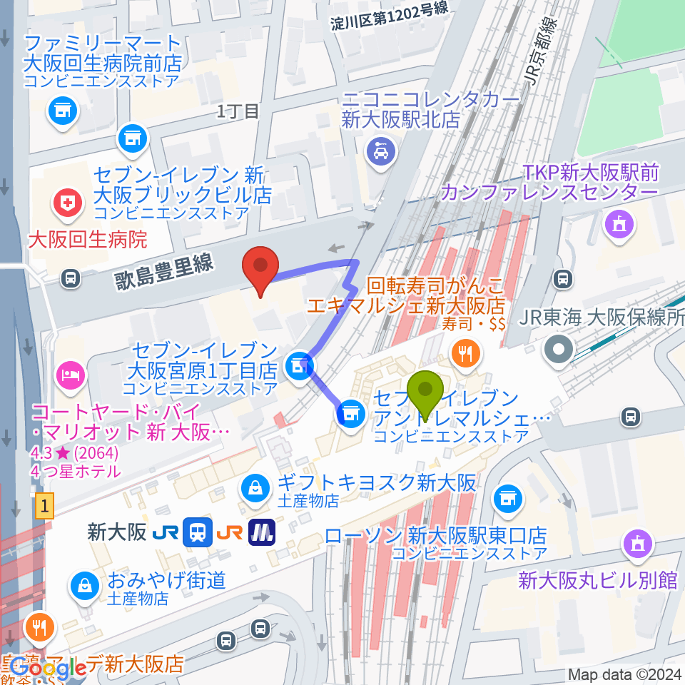 松尾弦楽器 大阪本店の最寄駅新大阪駅からの徒歩ルート（約2分）地図