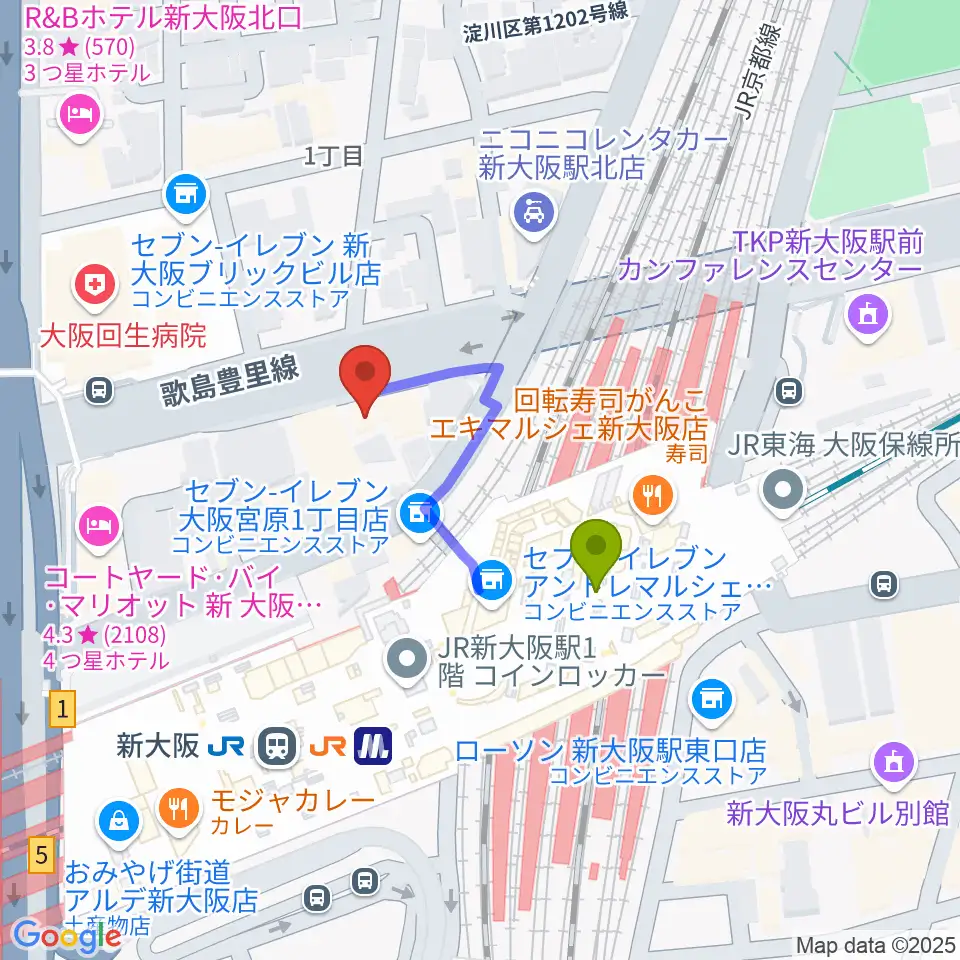 松尾弦楽器 大阪本店の最寄駅新大阪駅からの徒歩ルート（約2分）地図