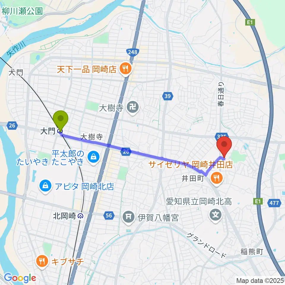 大門駅からヴィルトゥオーゾ岡崎店へのルートマップ地図