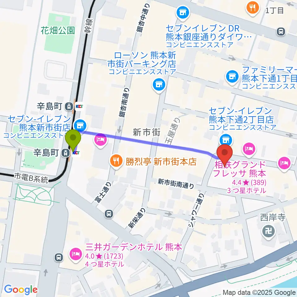 和楽器市場（森楽器）の最寄駅辛島町駅からの徒歩ルート（約4分）地図